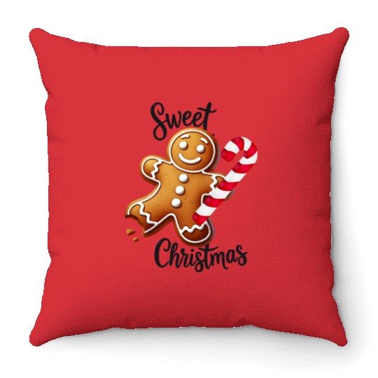 Happy gingerbread man with candy cane Throw Pillows