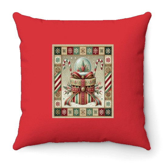 Christmas Snow Globe with Candy Canes and Ribbons Throw Pillows