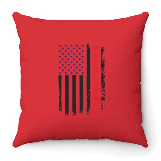 Pickleball US Flag in Black Throw Pillows