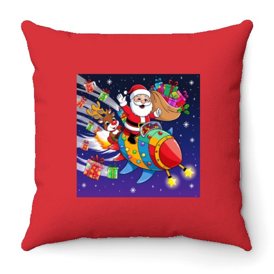 Reindeer with father christmas and spaceship Throw Pillows