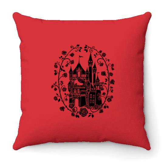 Sleeping beauty roses Castle Throw Pillows