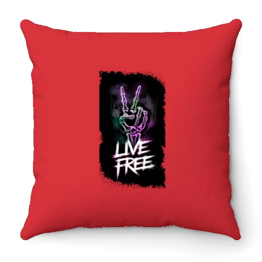 "Live Free Neon Skeleton Hand Design" Throw Pillows