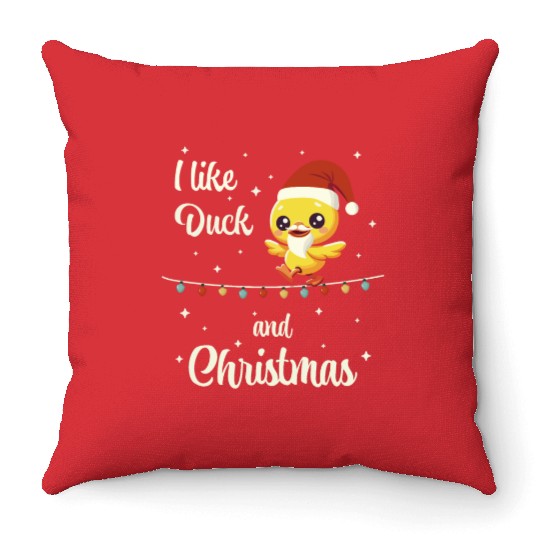 Christmas duck on a chain of lights Throw Pillows