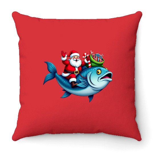 Santa on Bass Merry Fishmas Fishing Christmas Throw Pillows
