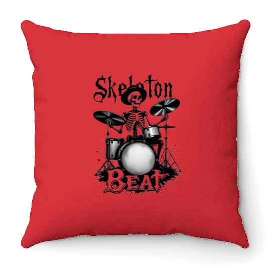 Skeleton Beat: Funny Cowboy Skeleton Playing Drums Throw Pillows