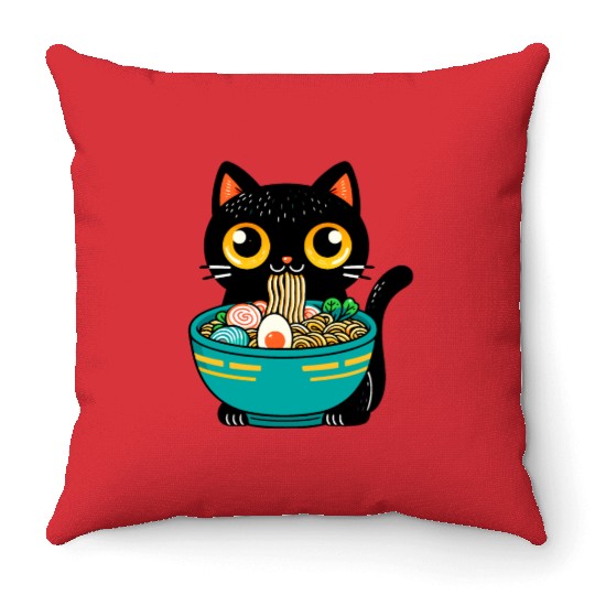 Funny Cat Eating Ramen Japanese Cat Ramen Noodles Throw Pillows