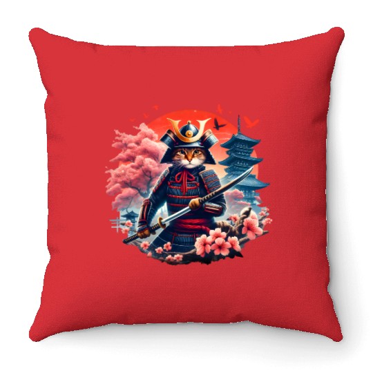 Samurai Cat Graphic Warrior Vintage Japanese Anime Throw Pillows
