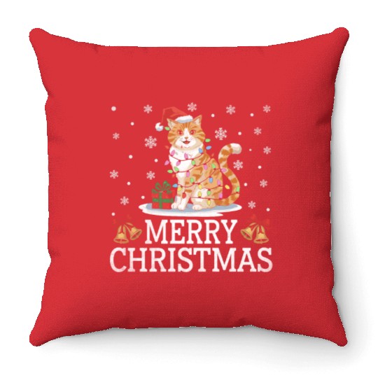 Christmas Cat with Lights Throw Pillows