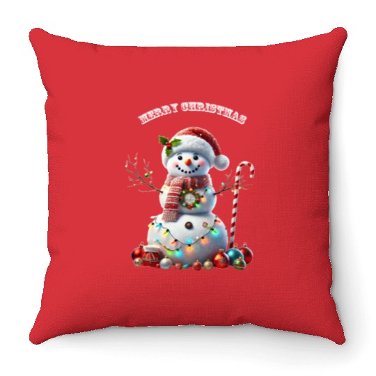 Christmas Holiday Snowman with Decorations URM Throw Pillows