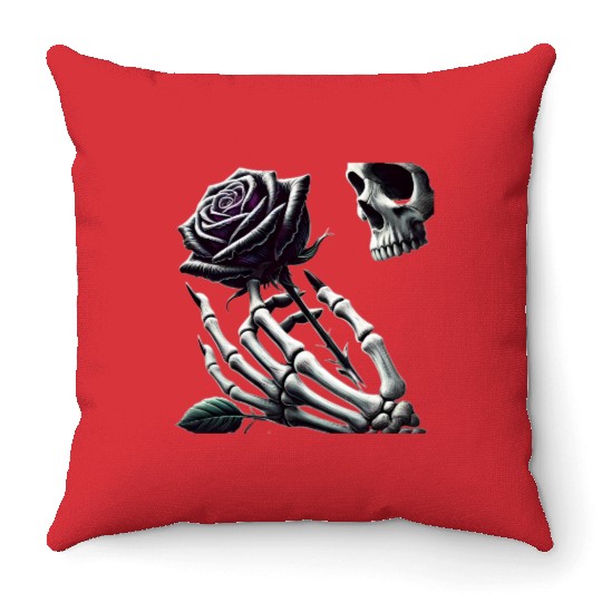Skeleton Hand Holding a Poisonous Rose Throw Pillows