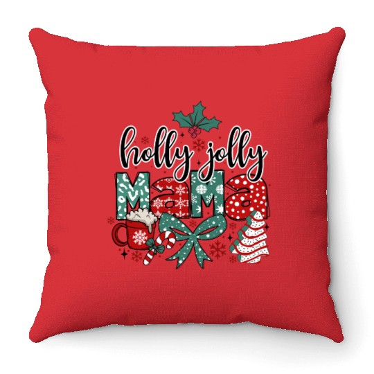 Holly Jolly Mama Coquette Bow Christmas Throw Pillows
