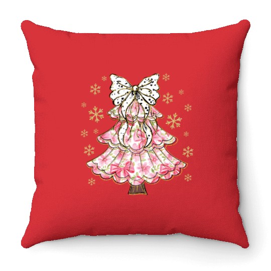 Preppy Pink Coquette Bow Xmas Tree Throw Pillows