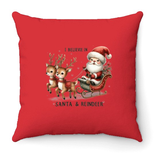 I Believe In Santa Reindeer Throw Pillows