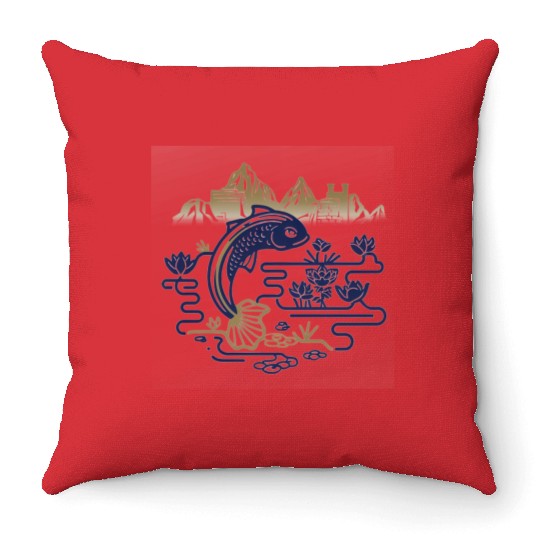 fantasy carp-bird hybrid swimming in a lotus pond Throw Pillows