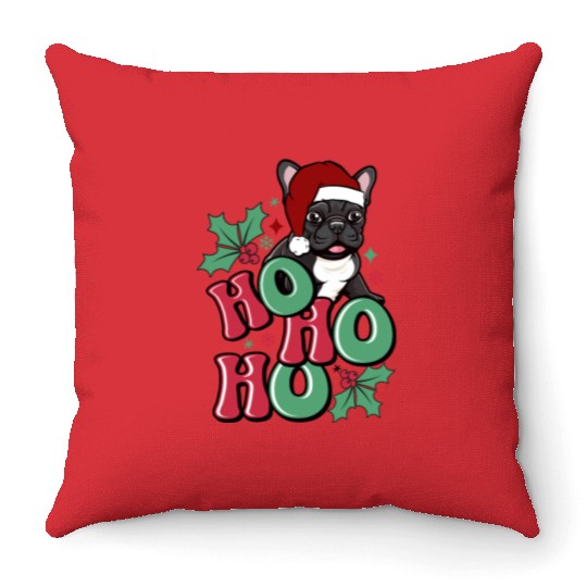HO HO HO French Bulldog Holly Leaf Funny Throw Pillows