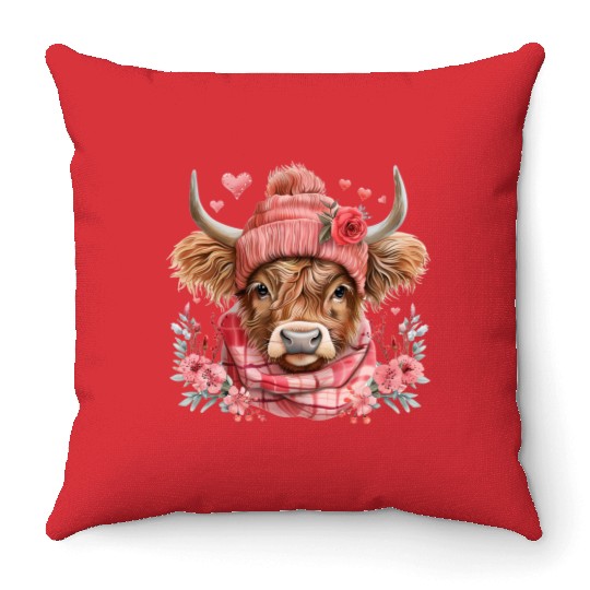 Cute Highland Cow Valentines Day Throw Pillows
