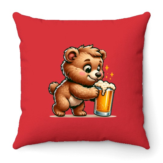 Cute Bear Drinking Beer Throw Pillows