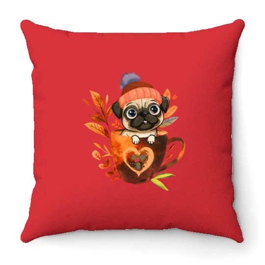 Pug in A Coffee Cup with Christmas Throw Pillows