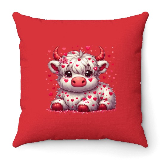 Cute cartoon valentines highland cow Throw Pillows