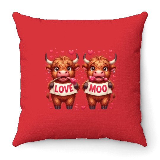 Cute cartoon valentines highland cow Throw Pillows