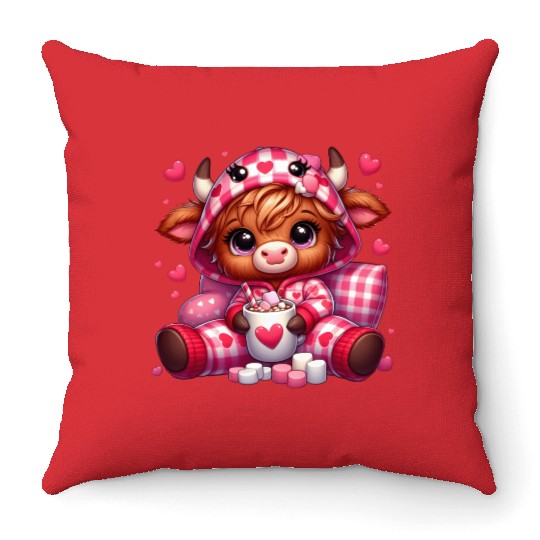 Cute cartoon valentines highland cow Throw Pillows