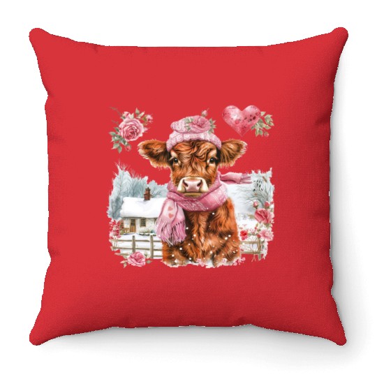 Cute Highland Cow Valentines Day Throw Pillows
