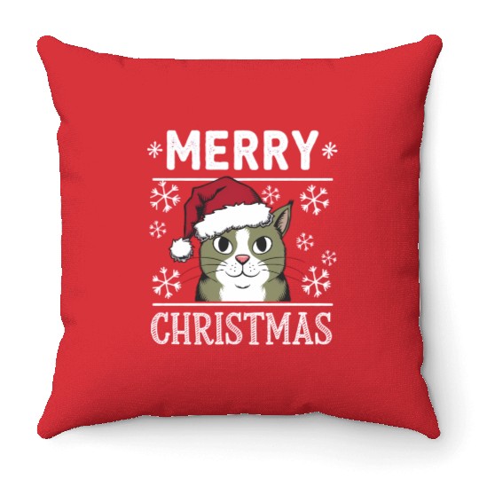 Christmas Cat Merry Christmas Holiday Throw Pillows