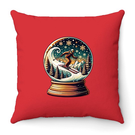 Snow Globe Skiing Adventure Fantasy Throw Pillows