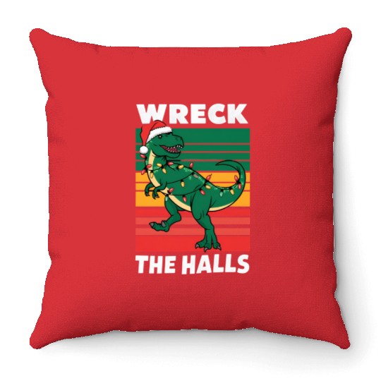 Dino Christmas Cheer A T Rex Wearing Santa Hat Throw Pillows