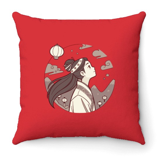 Mystical Maiden Under the Lanterns Anime Fantasy D83C DF38 Throw Pillows