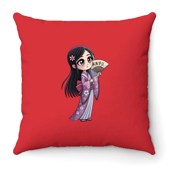 Cute Chibi Geisha Anime Inspired Kimono Design Throw Pillows