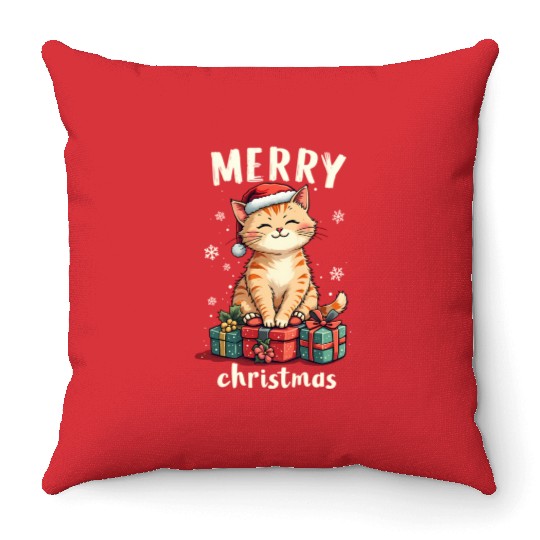 Christmas Cat Merry Christmas Holiday Throw Pillows