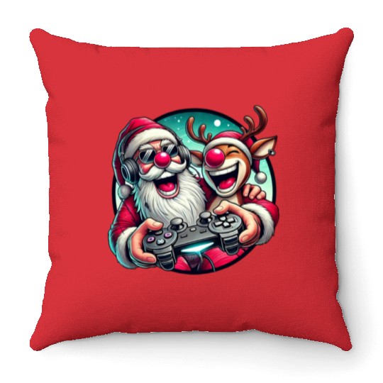 Funny Christmas Duo: Santa & Rudolph Gaming Throw Pillows