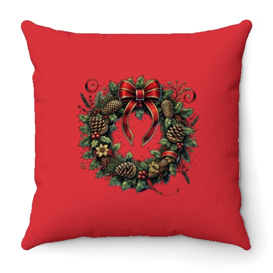 Rustic Christmas Wreath with Holly and Pine Cones Throw Pillows