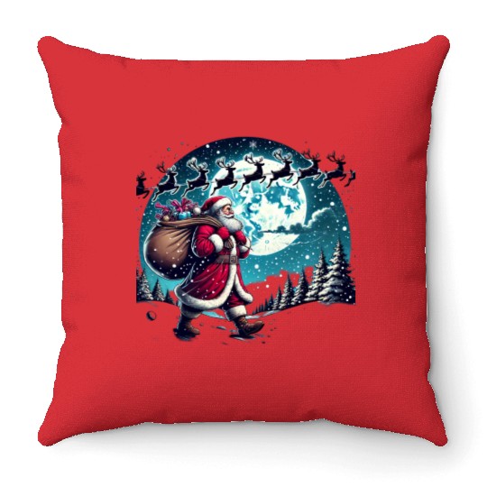 Santa Claus with Gifts Under the Snowy Sky Throw Pillows