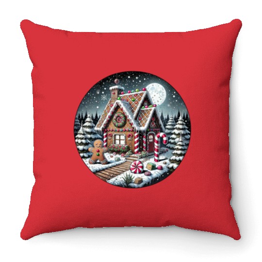 Christmas Gingerbread House with Candy Canes Throw Pillows