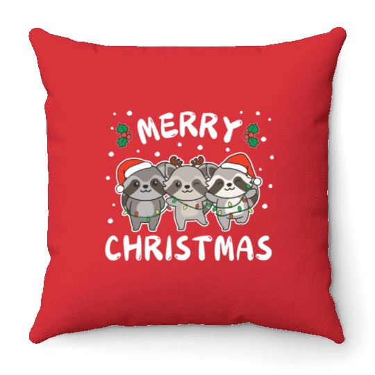 Merry Christmas Cute Raccoon Festive Lights Throw Pillows