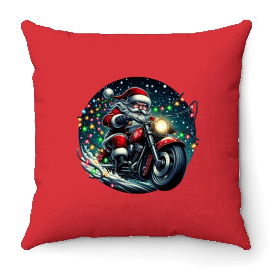 Santa's Christmas Motorcycle Adventure Throw Pillows