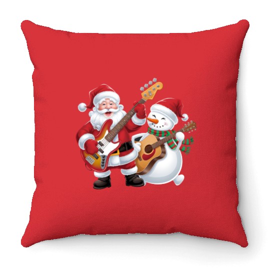 Rock Guitar Snowman And Santa Claus Playing Guitar Throw Pillows