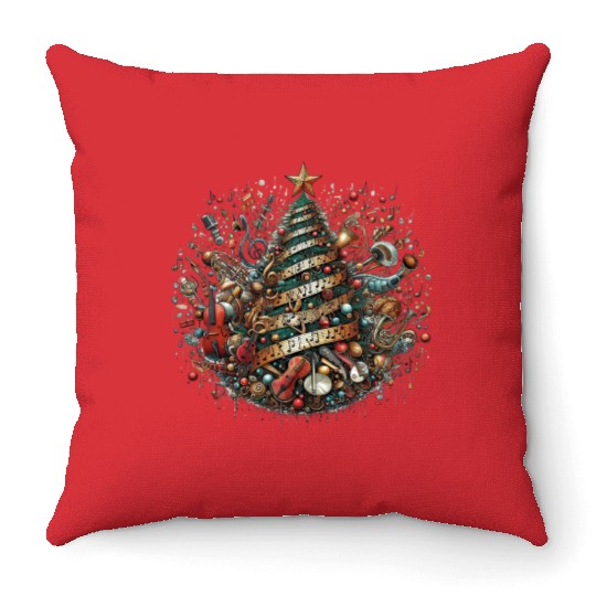 Vintage Musical Christmas Tree Throw Pillows