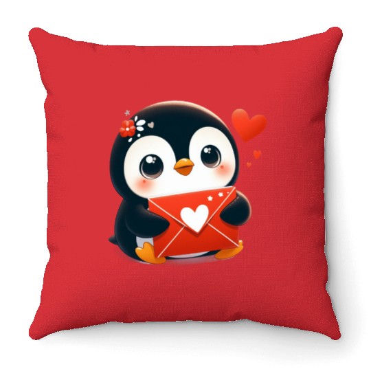Penguin Valentine Mail with Heart Throw Pillows