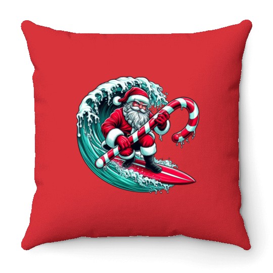 Santa Surfing Candy Cane Wave - Christmas Gifts Throw Pillows
