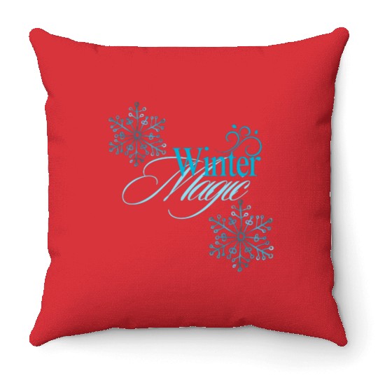 Winter Magic Text with Blue Snowflakes Design" Throw Pillows