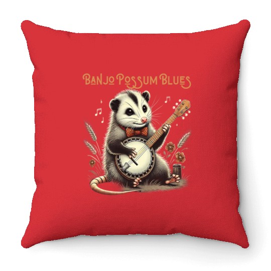 Funny Opossum Playing Banjo Throw Pillows