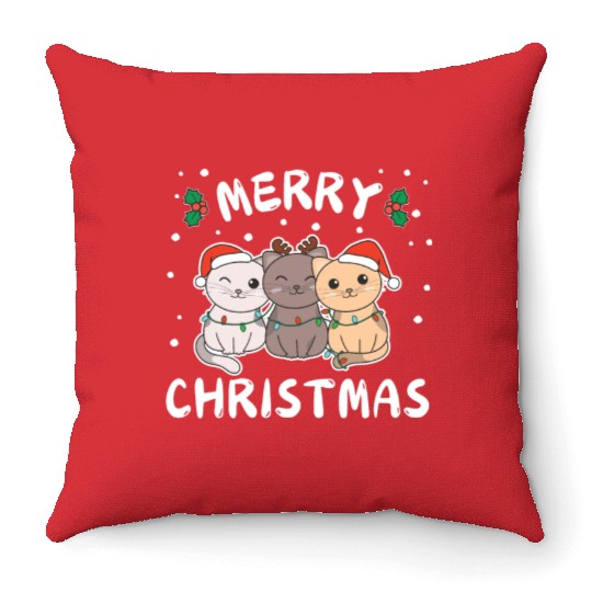 Merry Christmas Cute Cat Festive Lights Cat Throw Pillows
