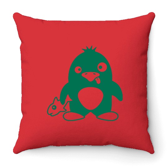 Funny Penguin Caught Fish Crazy Stupid Weird Face Throw Pillows