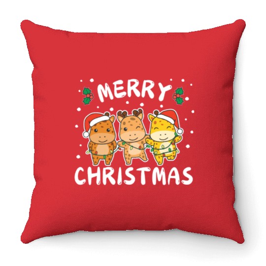 Merry Christmas Cute Giraffe Festive Lights Throw Pillows