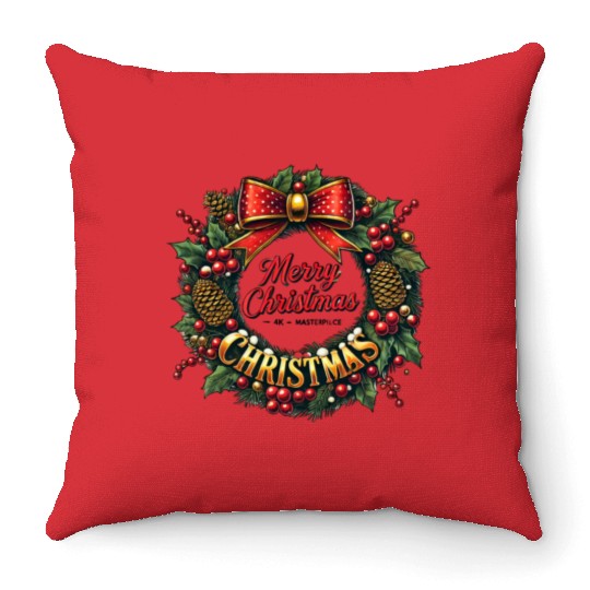 1950s Christmas Wreath - Vintage Holiday Cheer Throw Pillows