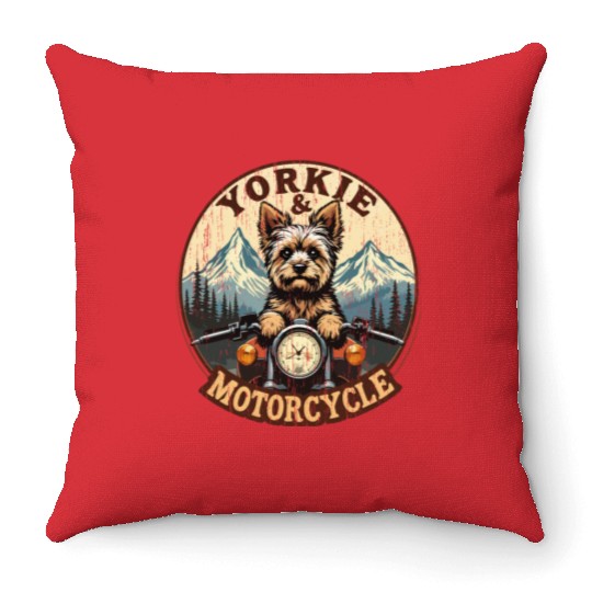 Retro Yorkie And Motorcycle Dog Lovers Funny Motor Throw Pillows