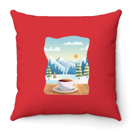 Coffee Cup and Winter Mountain View Throw Pillows